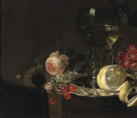 simon luttichuys A 'Roemer' with white wine, a partially peeled lemon, cherries and other fruit on a silver plate with a rose and grapes on a stone ledge China oil painting art